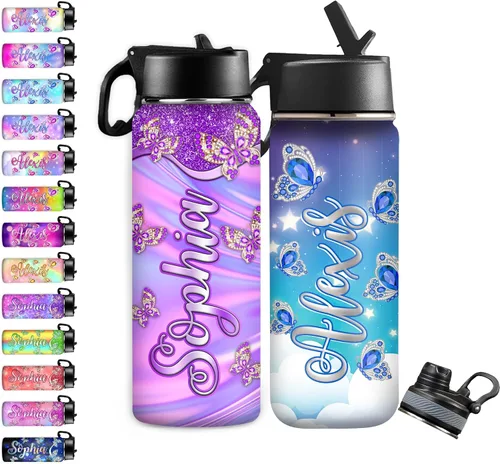 Vista 33 de InterestPrint Botella de agua personalizada para niños de 18 onzas con tapa de pajilla, botella de agua aislada de doble pared de acero inoxidable