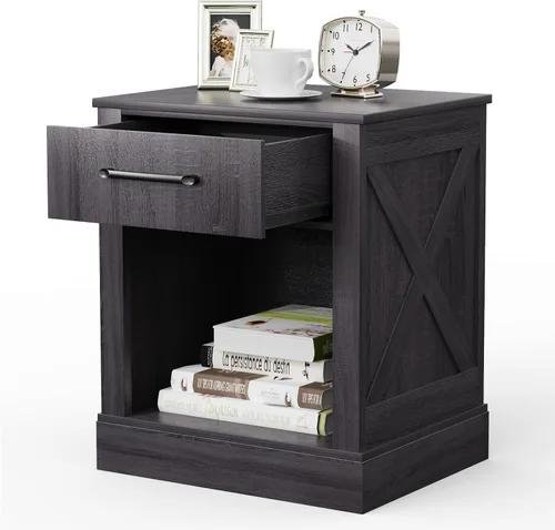 Vista 9 de COSTWAY Mesita de noche con cajón y estante de madera rústica mesita de noche dormitorio marrón negro