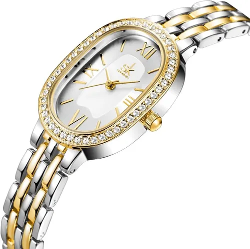 Vista 3 de SHENGKE SK - Reloj de pulsera de acero de aleación sólida con detalles de cristal ovalado para mujer