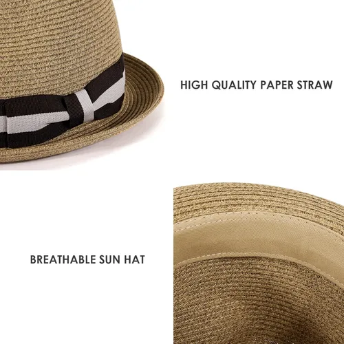 Vista 3 de AKIO&AQUIRAX Sombreros de Fedora para hombre con ala corta, sombreros de paja para hombres y mujeres, sombreros de sol de verano con correa ajustable