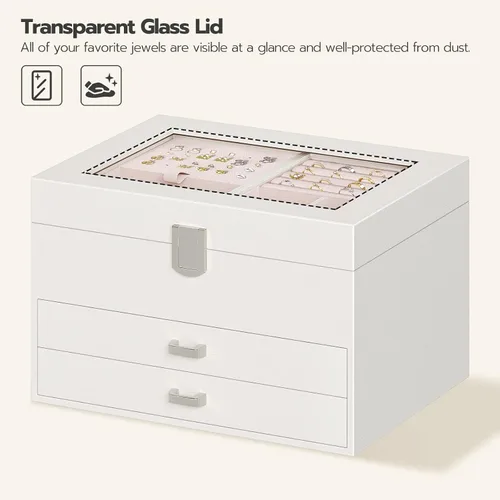 Vista 6 de HOOBRO Joyero para mujer organizador de joyas grande de 4 niveles organizador de joyas de viaje con tapa de cristal amplio espacio de almacenamiento