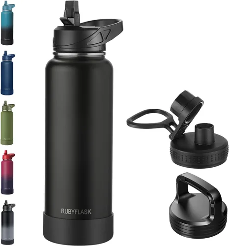 Vista 22 de RUBYFLASK - Botella de agua aislada con pajilla, jarra de agua al vacío de acero inoxidable, 24 onzas, botella con 3 tapas a prueba de fugas