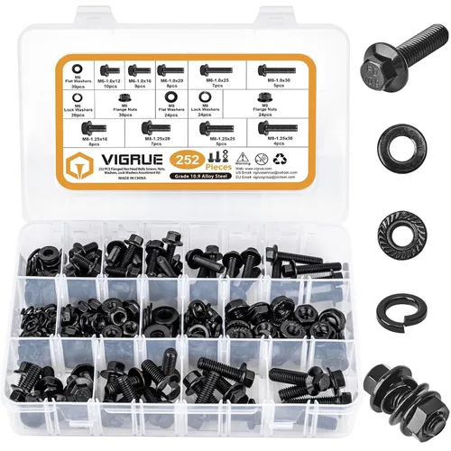 Vista 9 de VIGRUE Juego de 125 pernos hexagonales con brida M8-1.25 x 16/20/25/30mm, tuercas y arandelas, surtido de pernos y tuercas métricas, tuercas