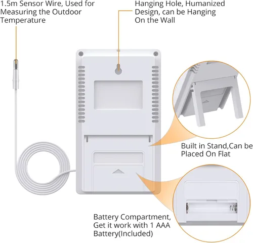 Vista 11 de Neoteck 2 en 1 termómetro higrómetro con reloj pantalla LCD 4.9 ft sensor cable ± 1°/5% High Accuracy Digital Humidity Temperature Meter with