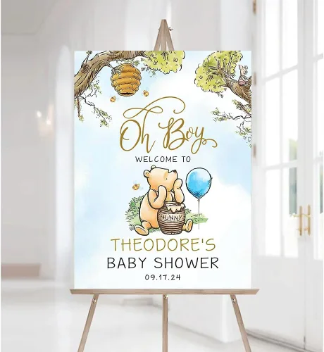 Vista 8 de Letrero de bienvenida personalizado de Bear Pooh para baby shower, regalos clásicos personalizados para bebés, niños y niñas, decoraciones de oso #12