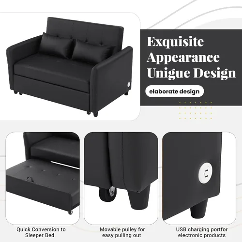 Vista 6 de Flieks Silla convertible de 51 pulgadas, sofá cama 3 en 1 con puertos USB duales, silla reclinable ajustable multifuncional, sofá, cama, silla