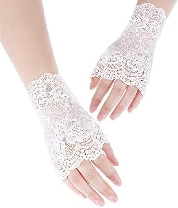 Vista 6 de Women Short Lace Gloves Fingerless Lace Gloves Tea Party Gloves Sunblock Bridal Floral Gloves