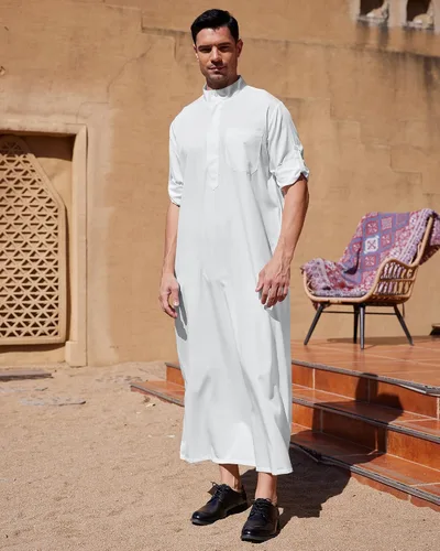 Vista 2 de YAOHUOLE Men Islamic Caftan Thobe Big and Tall Kaftan with Pocket Mens Arab Kaftan Thobe Blanco puro