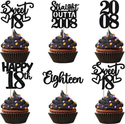 Vista 63 de 30 piezas negras para cupcakes de 10.º cumpleaños con purpurina Ten Happy 10 Straight Outta 2016 para saludos a 10 años 10 cumpleaños, boda Negro