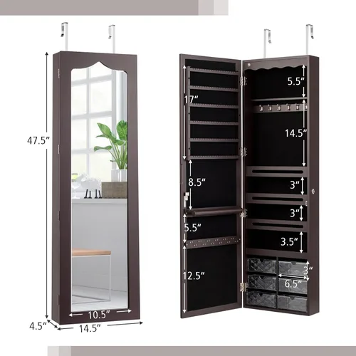 Vista 7 de HAPPYGRILL Armario de joyería montado en la pared, organizador de joyas con cerradura con espejo de longitud completa, 6 cajones y 5 LED, armario