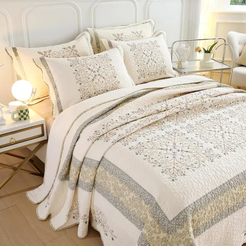 Vista 4 de vctops Elegante juego de edredón bordado de retazos de granja tamaño matrimonial/queen colcha cubrecama reversible juego de ropa de cama de algodón