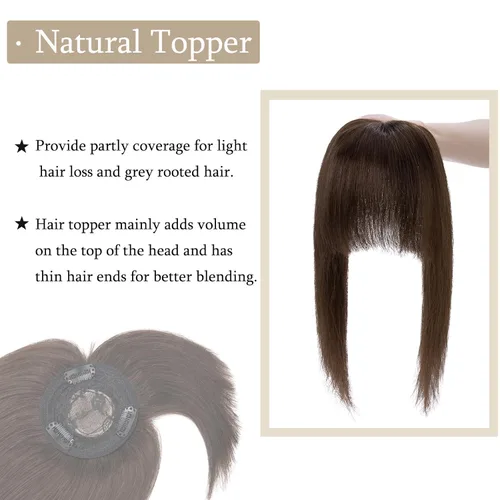Vista 3 de MY-LADY Top Hairpieces para mujer con flequillo, base mono natural, 100% cabello humano real, clip en pieza de cabello lacio en medio para pérdida