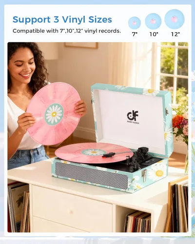 Vista 4 de Tocadiscos de vinilo Bluetooth con altavoces integrados, tocadiscos portátil vintage de 3 velocidades con auriculares de grabación USB/conector