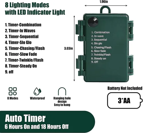 Vista 8 de MASHANG Luces de Navidad – Cadena de luces a pilas, 50 luces LED, miniluces, 8 modos, cable verde, mini juego de luces con temporizador para árbol