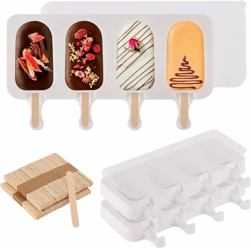 Vista 8 de Juego de 3 moldes de paletas de color violeta Samll con tapas y 100 palitos de madera para paletas de madera, 4 cavidades de silicona para hacer