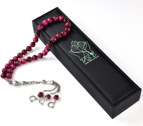 Vista 3 de TAS B Tasbih - Cuentas de oración, 33 piedras de ojo de tigre rosa (33 cuentas de 0.394 in) - Rosario musulmán Masbaha - Zikr, Dhikr Subha - Capilla