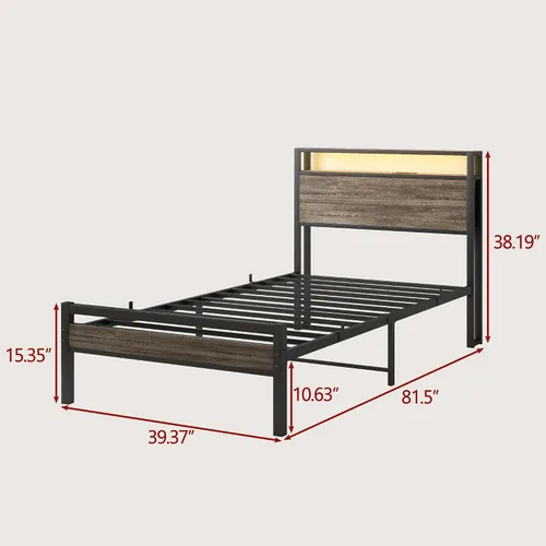 Vista 2 de BOFENG Base de cama individual con cabecera de madera y estación de carga USB, plataforma de metal resistente, marco de cama individual LED