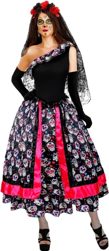 Vista 4 de Xaatren 5 Halloween Día de los Muertos Español Disfraz Conjunto Falda Esqueleto Guantes Medias Tatuajes Cara Floral Corona Velo