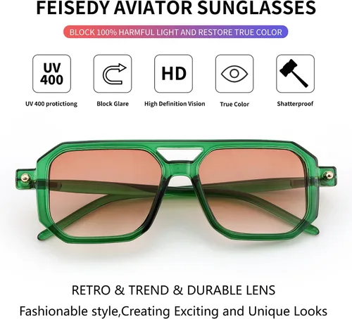 Vista 5 de FEISEDY Gafas de sol estilo aviador planas vintage de los años 70 para mujeres y hombres, montura clásica retro con estilo UV400 B2622