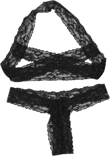 Vista 2 de Conjunto de lencería sexy de encaje con bordado de lencería suave sin alambre para mujer, brasier para dormir, ropa