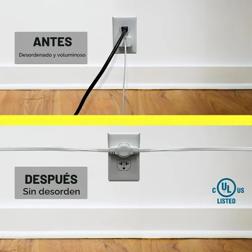 Vista 6 de W4W, Regleta de alimentación con cable de extensión doble - Cable de 12 pies - 6 pies en cada lado - Enchufe de cabeza plana (abraza la pared) - 6