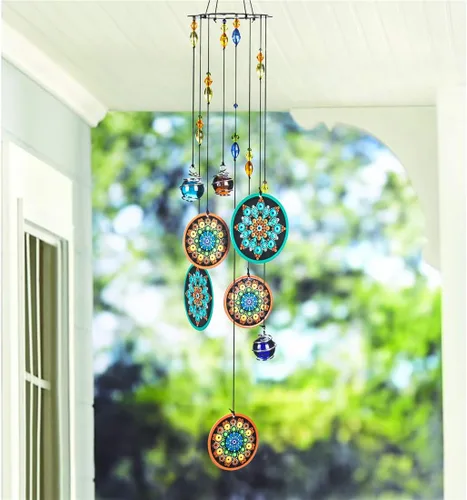 Vista 10 de YU FENG Carillón de viento con ojo maligno azul para exteriores, adorno colgante de 19" de metal, campanillas de viento para jardín al aire libre
