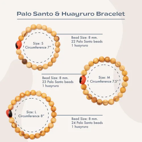 Vista 7 de Luna Sundara Pulsera Palo Santo y Huayruro hecha a mano en Perú altamente aromática y espiritualmente limpiadora