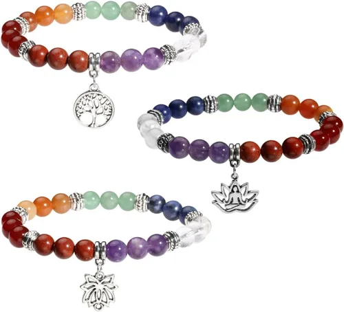Vista 17 de Eigso Pulsera elástica de piedra de cristal de meditación curativa de 7 chakras para mujer con símbolo de loto, yoga, árbol, OM