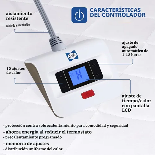 Vista 3 de Sealy Protector de colchón térmico tamaño matrimonial de 54 x 75 pulgadas Funda de colchón eléctrica acolchada impermeable de lujo con controlador