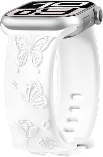 Vista 10 de Melyis Correa deportiva de silicona suave grabada con diseño floral y mariposa compatible con Apple Watch de 1.575 pulgadas, 1.614 pulgadas, 1.496