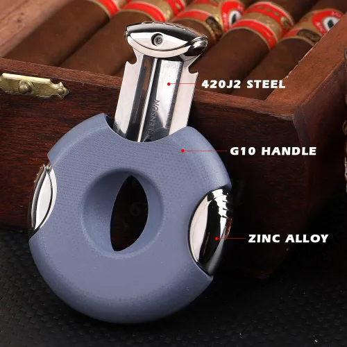 Vista 2 de KEENSUN Cortador de puros redondo G10 corte en V (azul), calibre de 60 anillos, diseño ergonómico con bloqueo seguro, juego de 2 unidades con caja