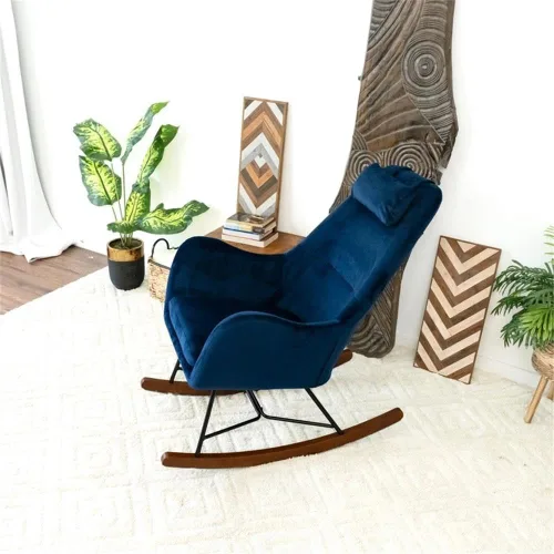 Vista 3 de ASHCROFT Revi Mid-Century - Mecedora de terciopelo con respaldo ajustado en color azul