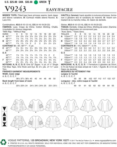 Vista 2 de Vogue Patterns Misses' Princess Seam Tops con mangas acampanadas Variaciones Patrón de costura, 14-16-18-20-22, verde