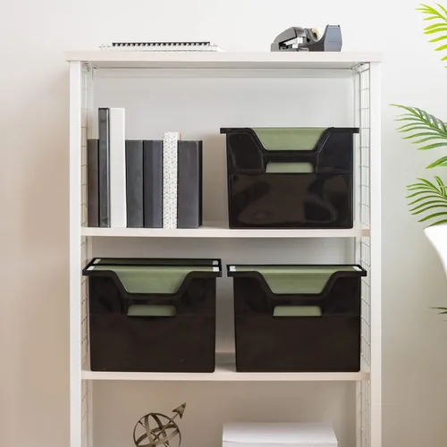 Vista 4 de IRIS USA Caja de archivos de escritorio portátil mediana con tapa abierta, paquete de 6, asas laterales, pestañas e insertos, carpetas de archivos