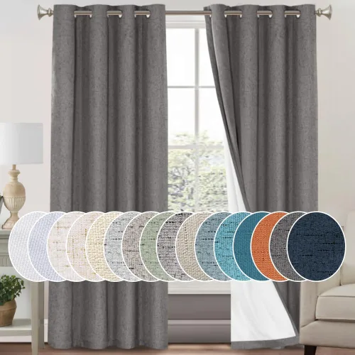 Vista 20 de Cortinas con textura de lino 100% opacas de 64 pulgadas de largo, juego de 2 paneles de cortinas de lino opacas con forro aislante térmico que Arena