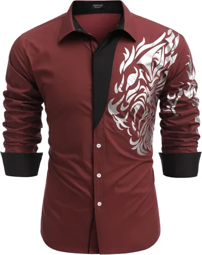 Vista 9 de COOFANDY Camisa de vestir con botones y estampado para hombre, camisas casuales de manga larga 02-blanco (Tiger)