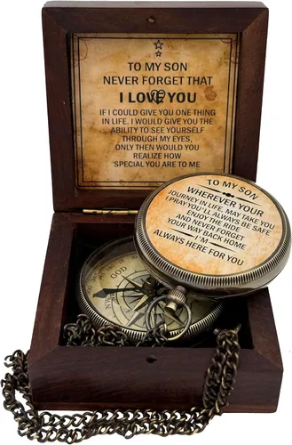 Vista 8 de Brass Compass with Wooden Case Engraved Compass from Mom to Son Graduation Gift, Birthday, Inspirational Travel Keepsake bronce