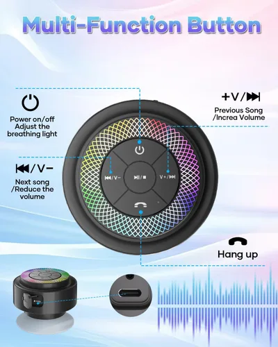 Vista 9 de Altavoz de ducha Bluetooth, IP67 impermeable altavoces portátiles con ventosa, espectáculo de luces, micrófono integrado, mini altavoz para baño