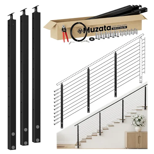 Vista 10 de Muzata Kit de barandilla de cable modular negro de 4 a 8 pies, kit de poste de 2 niveles de 36 pulgadas, sistema completo de barandilla de cable
