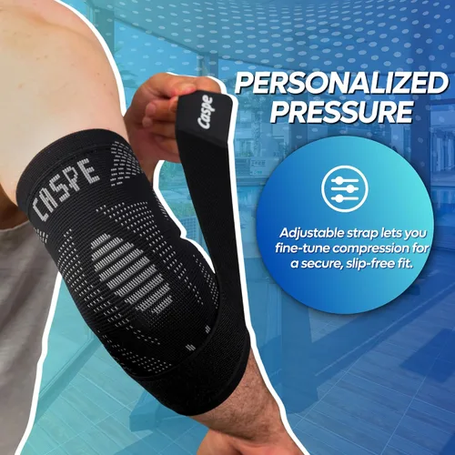 Vista 8 de Caspe Codera, manga de compresión ajustable con correa, codera de tenis para hombres y mujeres, tendinitis, levantamiento de pesas, entrenamientos