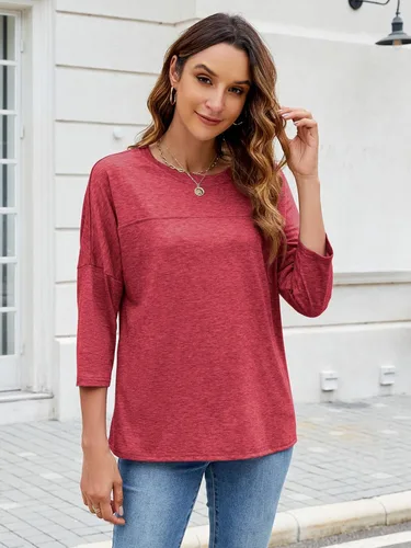 Vista 88 de ZENNILO Camisetas casuales de manga 3/4 para mujer, holgadas, cuello redondo, lindas camisetas básicas