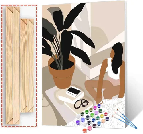 Vista 17 de Pintura de niña afro a la moda, kits de pintura por números, 16 x 20 pulgadas, lienzo de hojas tropicales, pintura al óleo para niños y adultos