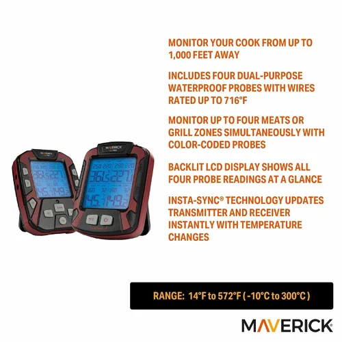 Vista 2 de Maverick XR-50 - Termómetro digital inalámbrico con 4 sondas para barbacoa y carne de SnS Grills