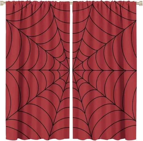Vista 93 de Cortinas opacas de tela de araña aterradora para niños, tela de araña en blanco y negro, fondo rojo, dormitorio de niños, guardería, decoración