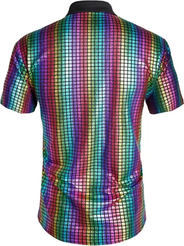 Vista 3 de Camisa de discoteca de los años 70 con lentejuelas de manga corta con botones, brillante disfraz de fiesta de graduación