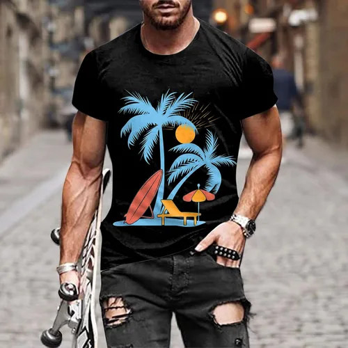Vista 3 de Lmzaren Camiseta de manga corta con estampado de playa 3D para hombre, estilo casual, diseño hawaiano, atlético, para vacaciones de verano