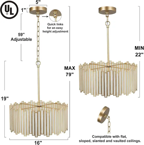 Vista 7 de Durent Lighting Candelabro de tambor dorado de 4 luces moderno con pantalla de vidrio crema, lámpara colgante de techo redonda de 16 pulgadas