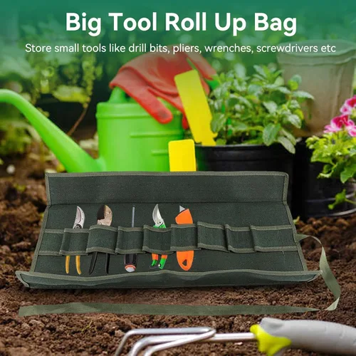 Vista 3 de Bolsa enrollable para herramientas, bolsas de lona resistente, bolsa de almacenamiento de herramientas para bonsái con 10 bolsillos para jardín