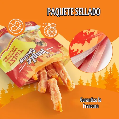 Vista 8 de Jungle Calling - Golosinas de pollo y batata para perros, masticables suaves sin cuero crudo