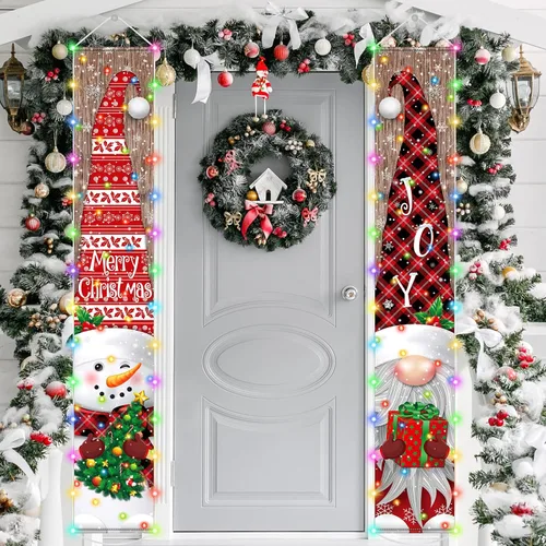 Vista 6 de Irenare Decoraciones de Pancarta de Navidad Iluminada con Luz LED Feliz Navidad Letrero de Porche Frontal Muñeco de Nieve Gnomo Pancarta Colgante